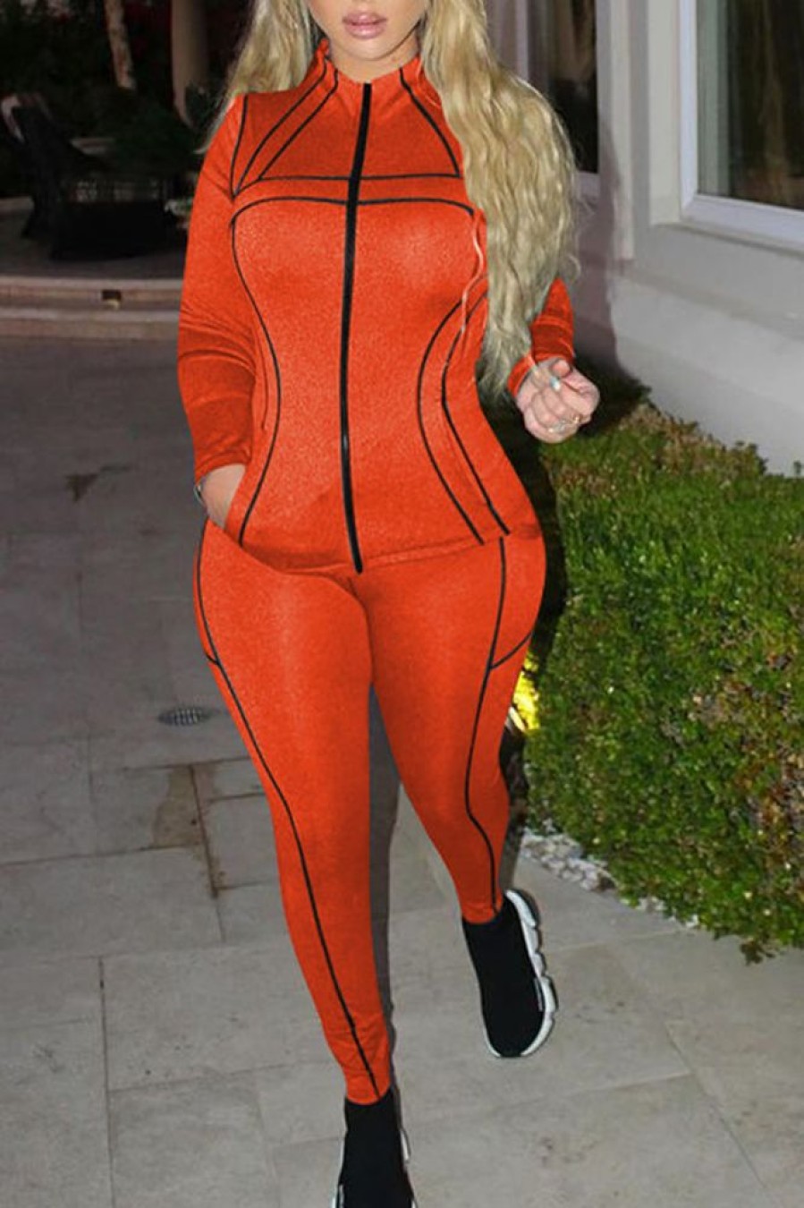 2-Pieces female | Sport Contrast Color Edging Zipper Round Neck Pant Suits