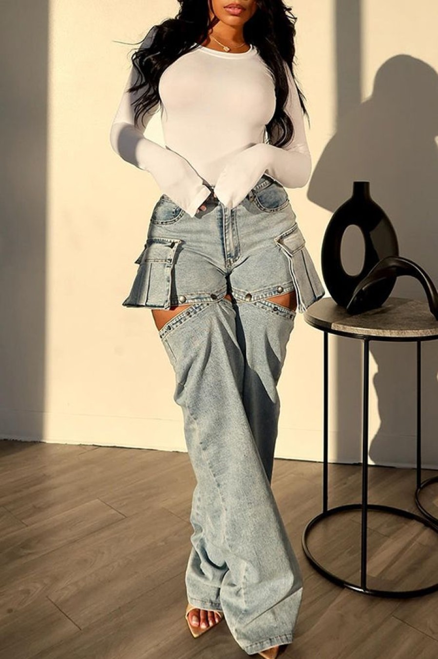 Bottoms female | Personalized Detachable Leg Pockets Straight-Leg Jeans Wathet Blue