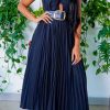 Dresses female | Halter Cutout Sexy Solid Color Sleeveless Pleated Dress Navy Blue