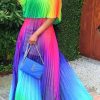 Dresses female | Off Shoulder Rainbow Color Elegant Women Pleated Maxi Dress