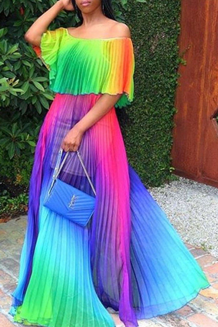 Dresses female | Off Shoulder Rainbow Color Elegant Women Pleated Maxi Dress