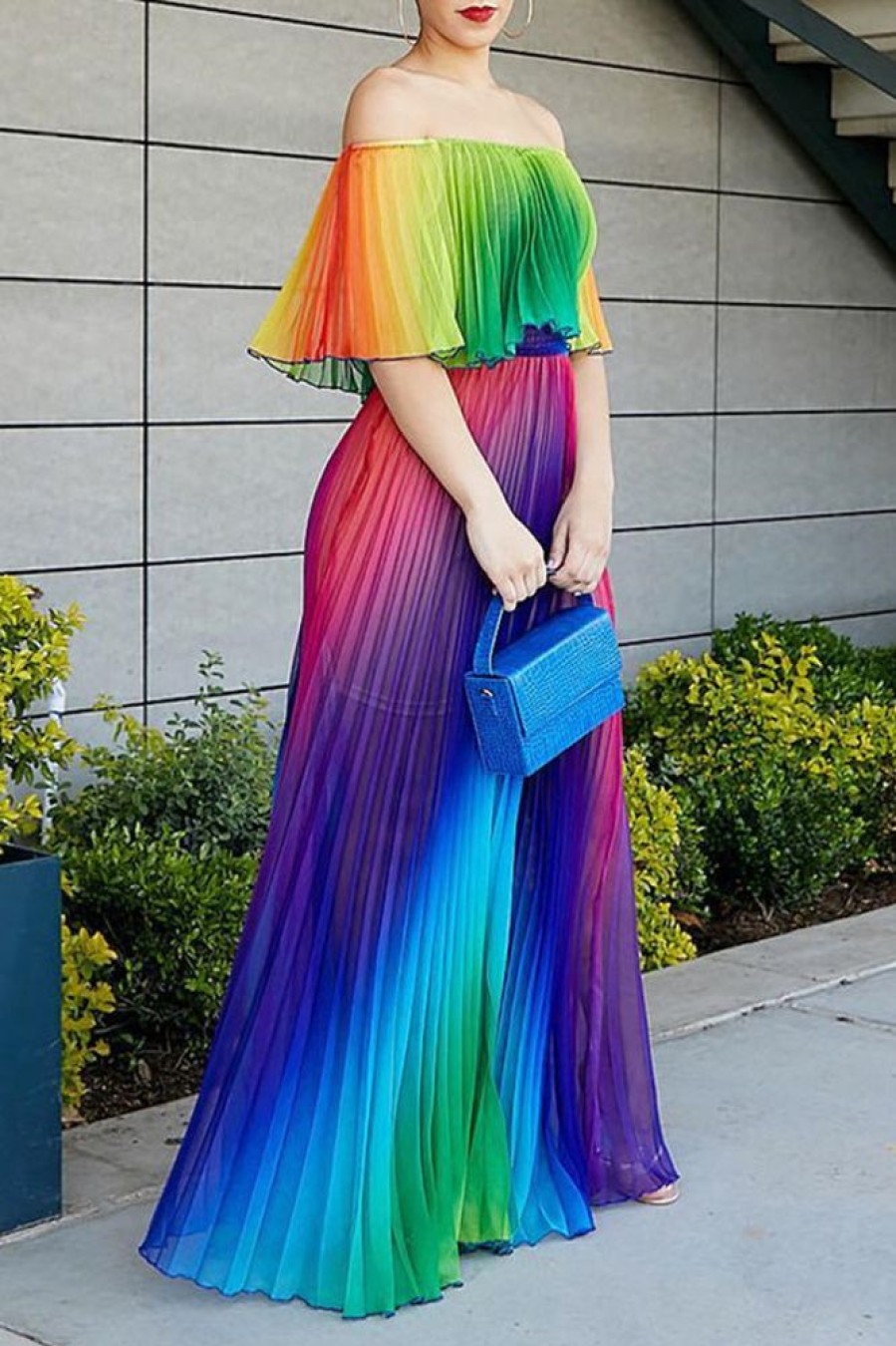 Dresses female | Off Shoulder Rainbow Color Elegant Women Pleated Maxi Dress