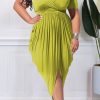 Dresses female | Temperament Pleated V-Neck Short Sleeve Plus Size Midi Dress