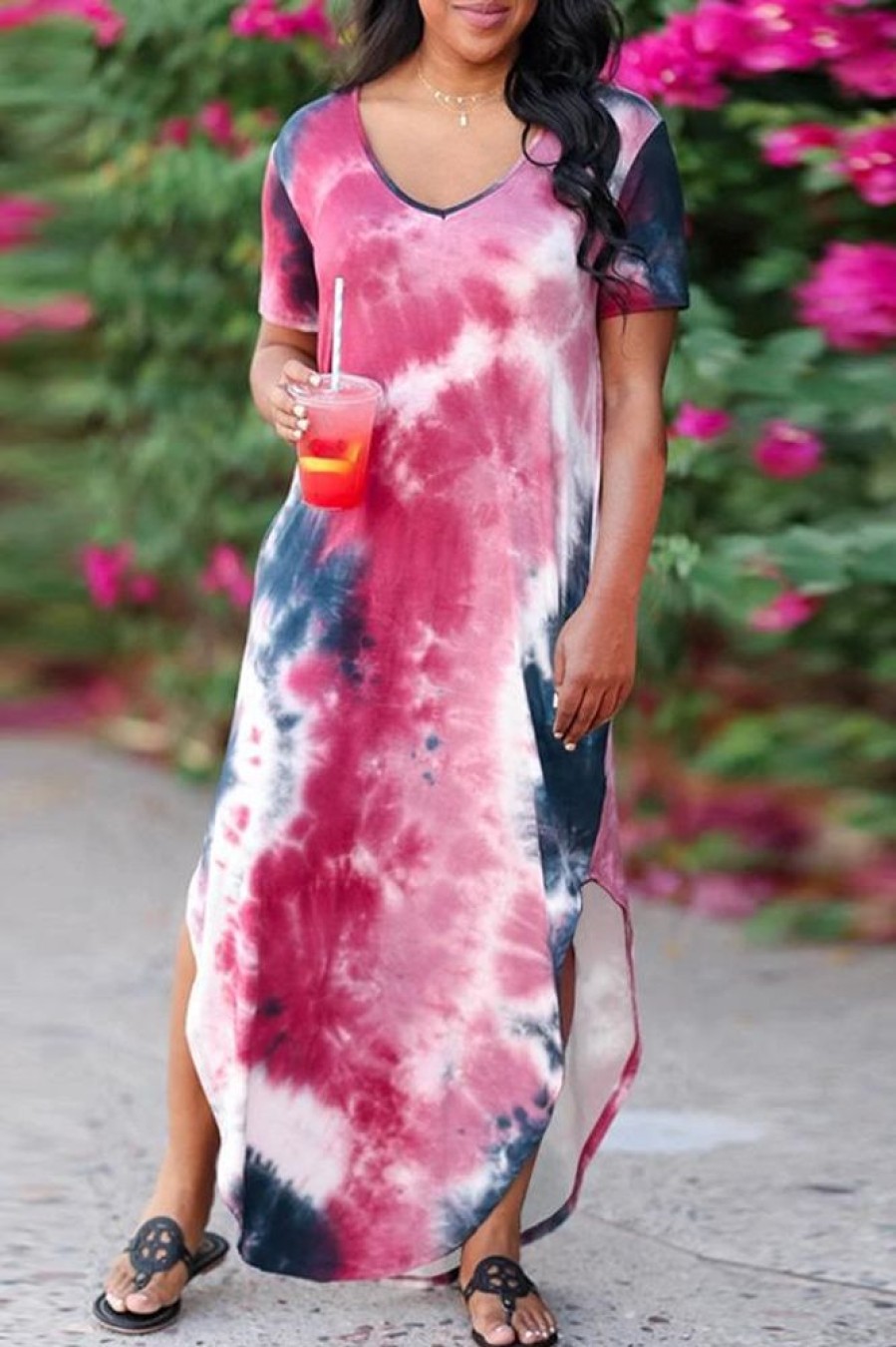 Dresses female | Casual V-Neck Loose Tie Dye Printed Split Long Dress