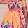 Dresses female | Floral V-Neck Short Sleeve Tie Waist Dress Orange