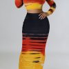 2-Pieces female | Sexy Tie-Dye Print Slim-Fit Long Sleeve Short T-Shirt Long Skirt Suits