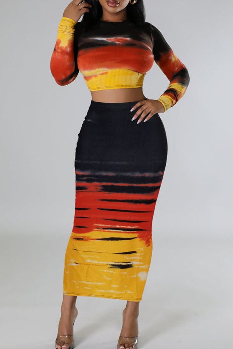 2-Pieces female | Sexy Tie-Dye Print Slim-Fit Long Sleeve Short T-Shirt Long Skirt Suits