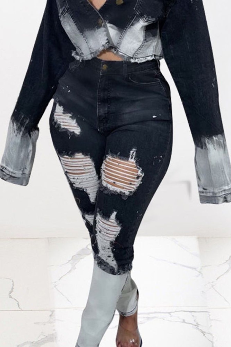 Bottoms female | Trendy High Waist Slim Gradient Ripped Jeans Black