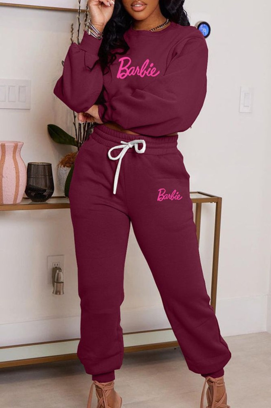 2-Pieces female | Casual Barbie Print Long Sleeve Sweatshirt Drawstring Elastic Waist Pant Suits