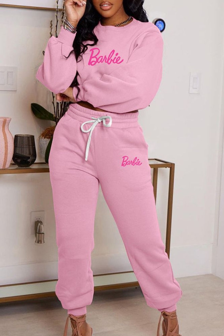 2-Pieces female | Casual Barbie Print Long Sleeve Sweatshirt Drawstring Elastic Waist Pant Suits