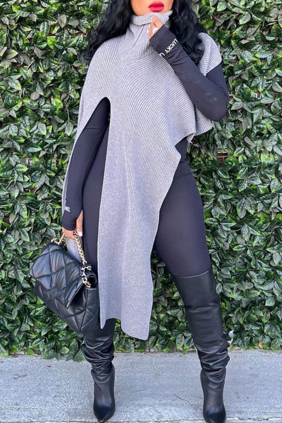 Tops & Outerwear female | Stylish Turtleneck Asymmetric Slit Shawl Sweater