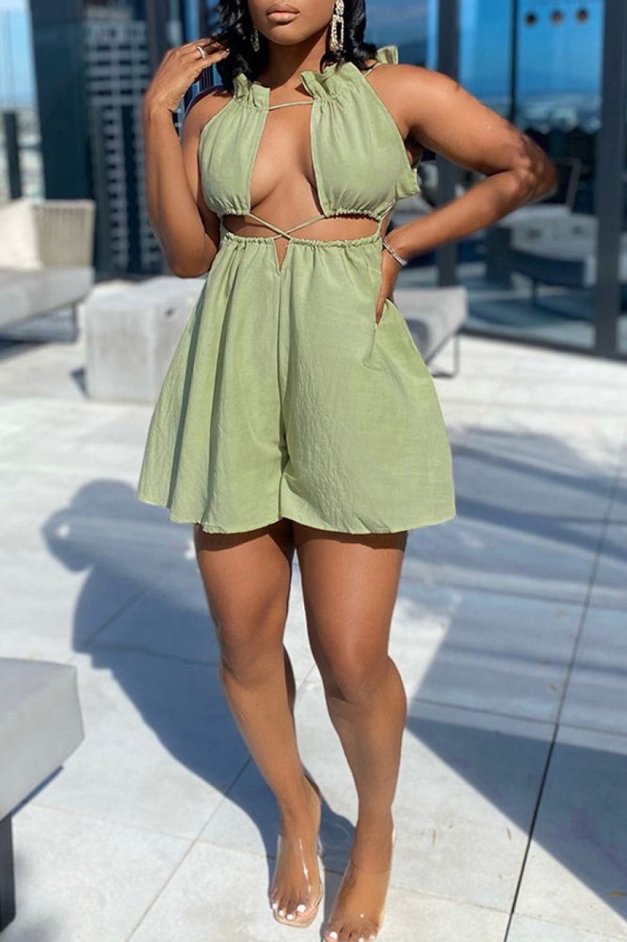 Jumpsuits & Rompers female | Design Sense Small Off Shoulder Strap Loose Jumpsuit Light Green