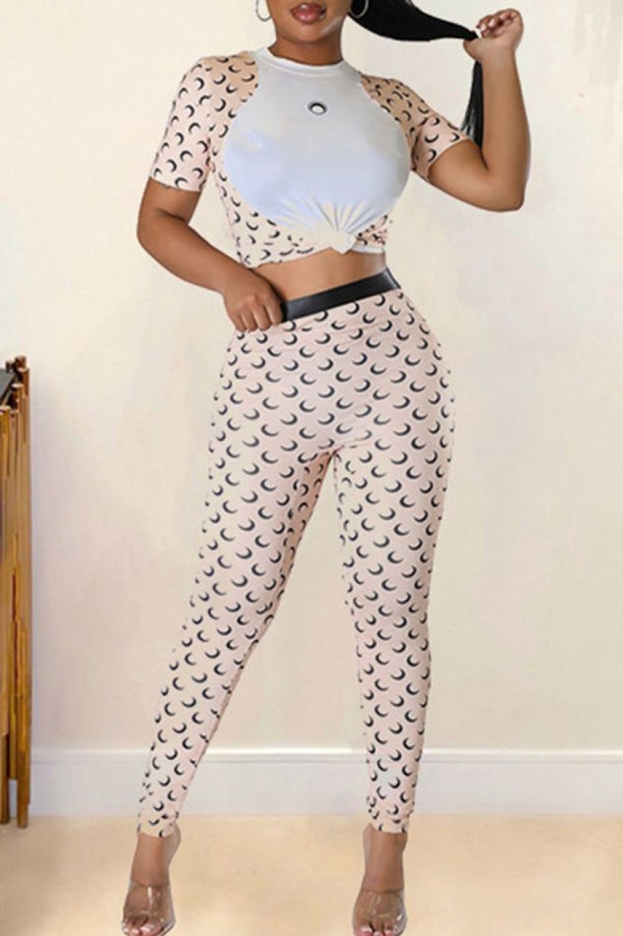 2-Pieces female | Casual Printed T-Shirt Trousers Two-Piece Set Apricot