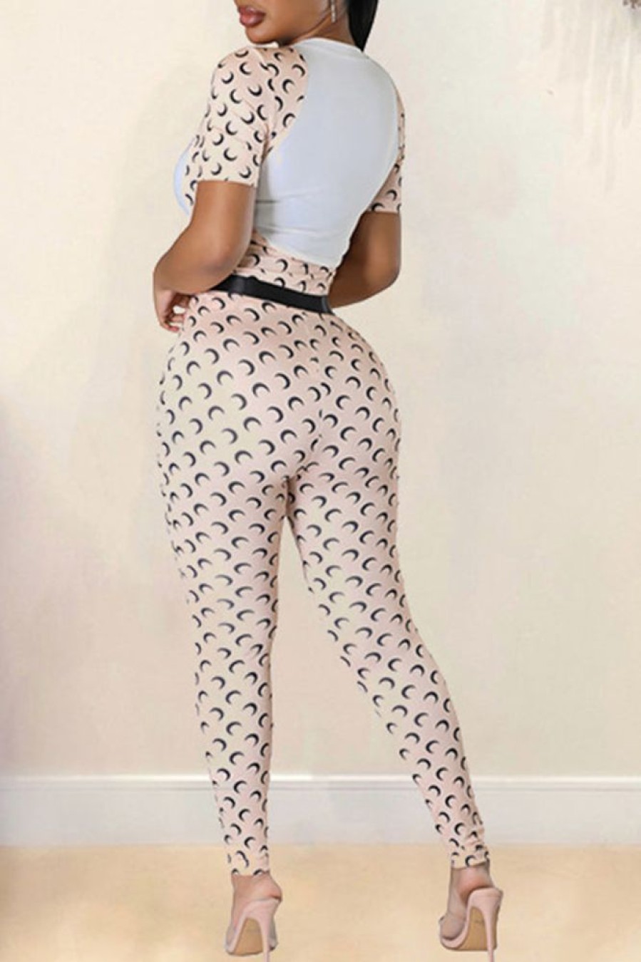 2-Pieces female | Casual Printed T-Shirt Trousers Two-Piece Set Apricot