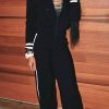 2-Pieces female | Casual Two-Color Threaded Patchwork Mandarin Collar Zip Jacket Straight-Leg Pant Suits Black