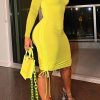 Dresses female | Slim Round Neck Long Sleeve Pleated Solid Color Midi Dress