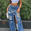 Bottoms female | Distressed Washed Slit Patchwork Denim Skirt Blue