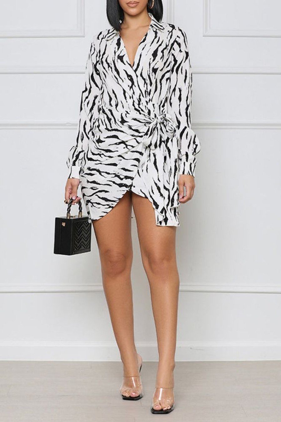 Dresses female | Temperament Print Long Sleeve V-Neck Lace-Up Wrap Mini Dress