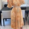 Dresses female | Elegant Print Long Sleeve Pleated Midi Dress"Without Belt" Yellow