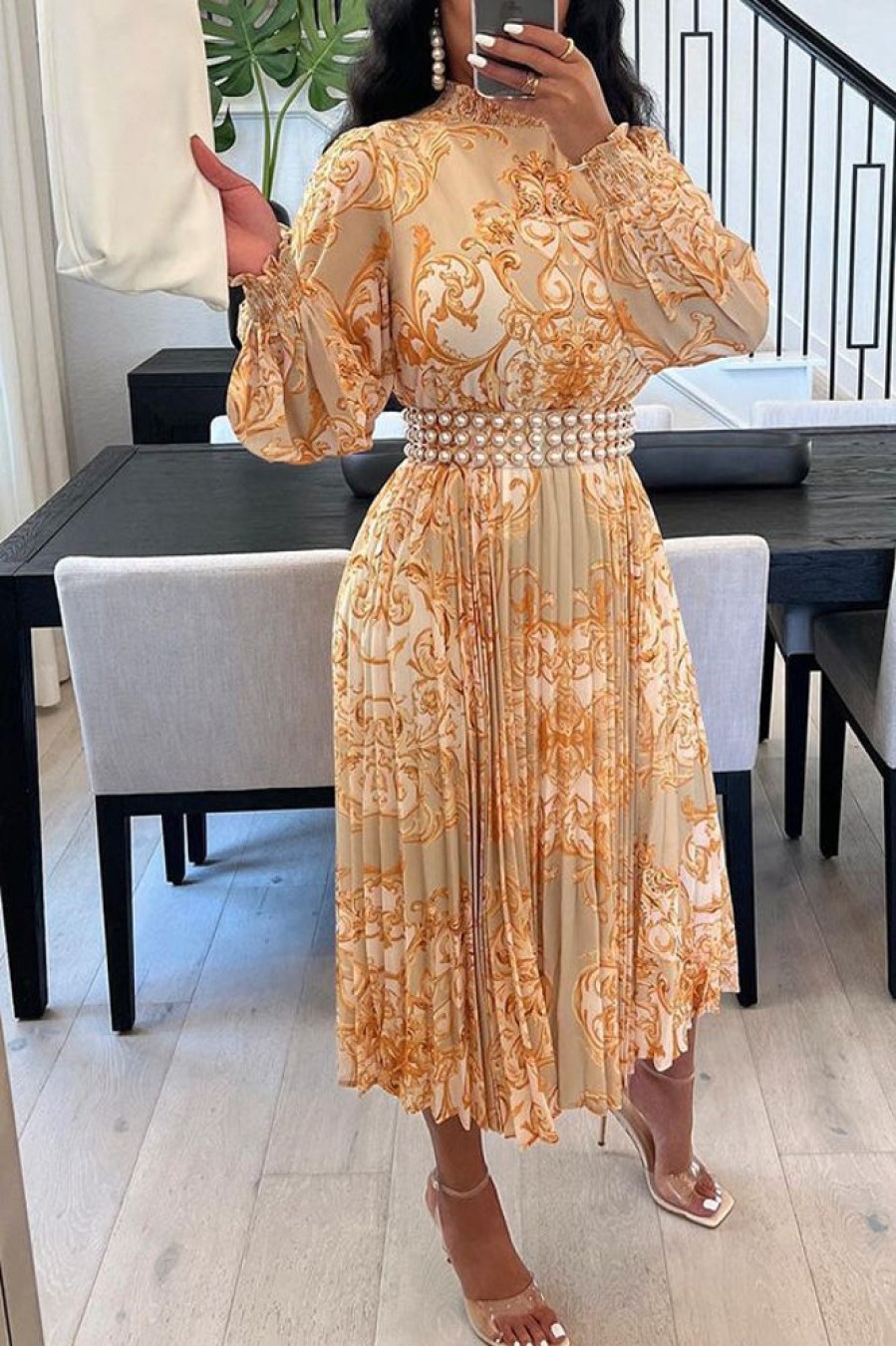 Dresses female | Elegant Print Long Sleeve Pleated Midi Dress"Without Belt" Yellow