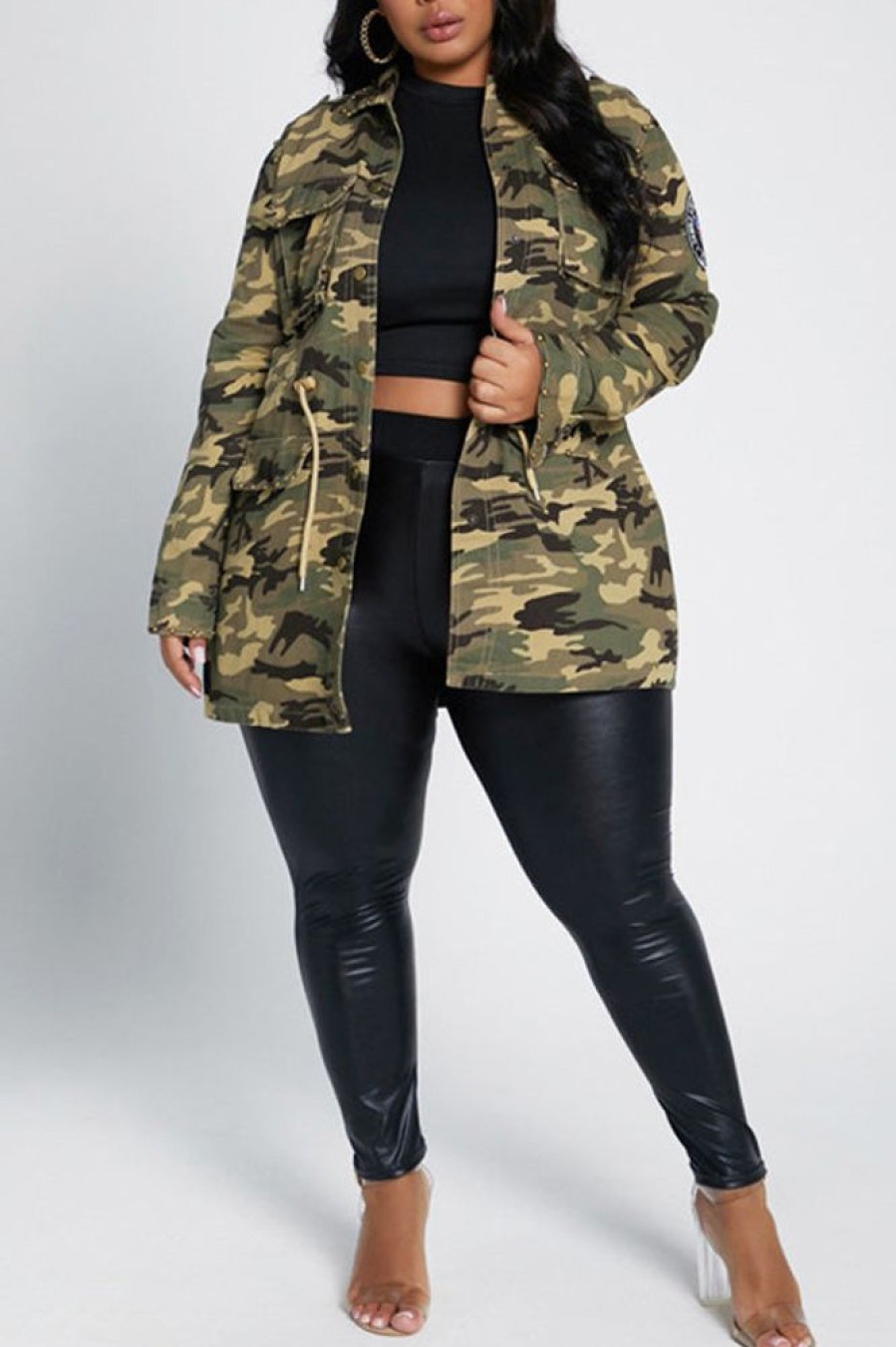 Tops & Outerwear female | Casual Camouflage Print Lapel Drawstring Pocket Rivet Plus Size Jacket Army Green