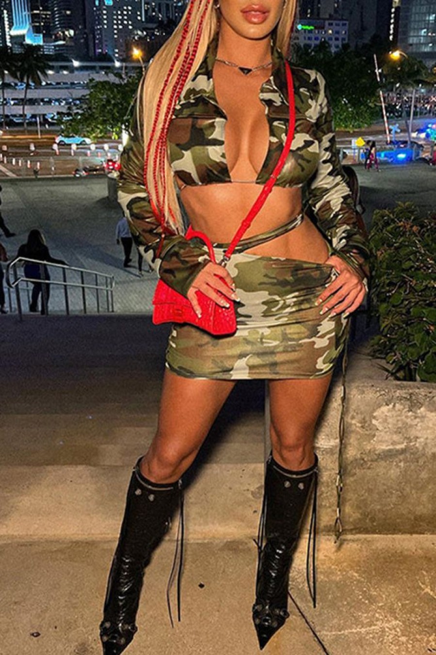 2-Pieces female | Backless Lapel Long Sleeve Drawstring Tie Camouflage Skirt Two-Piece Set Army Green