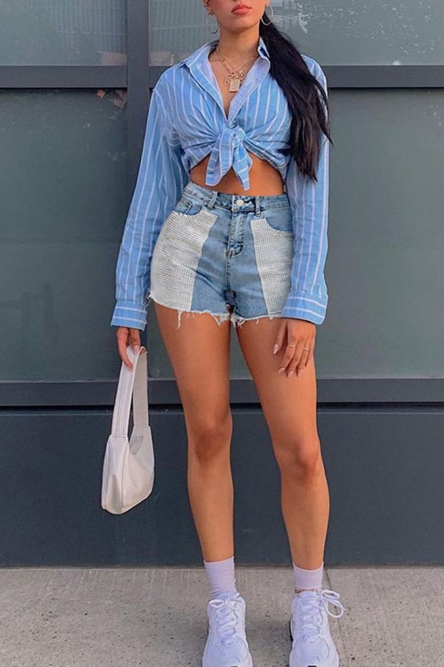 Bottoms female | On-Trend High Waist Rhinestone Frayed Straight Denim Shorts Wathet Blue