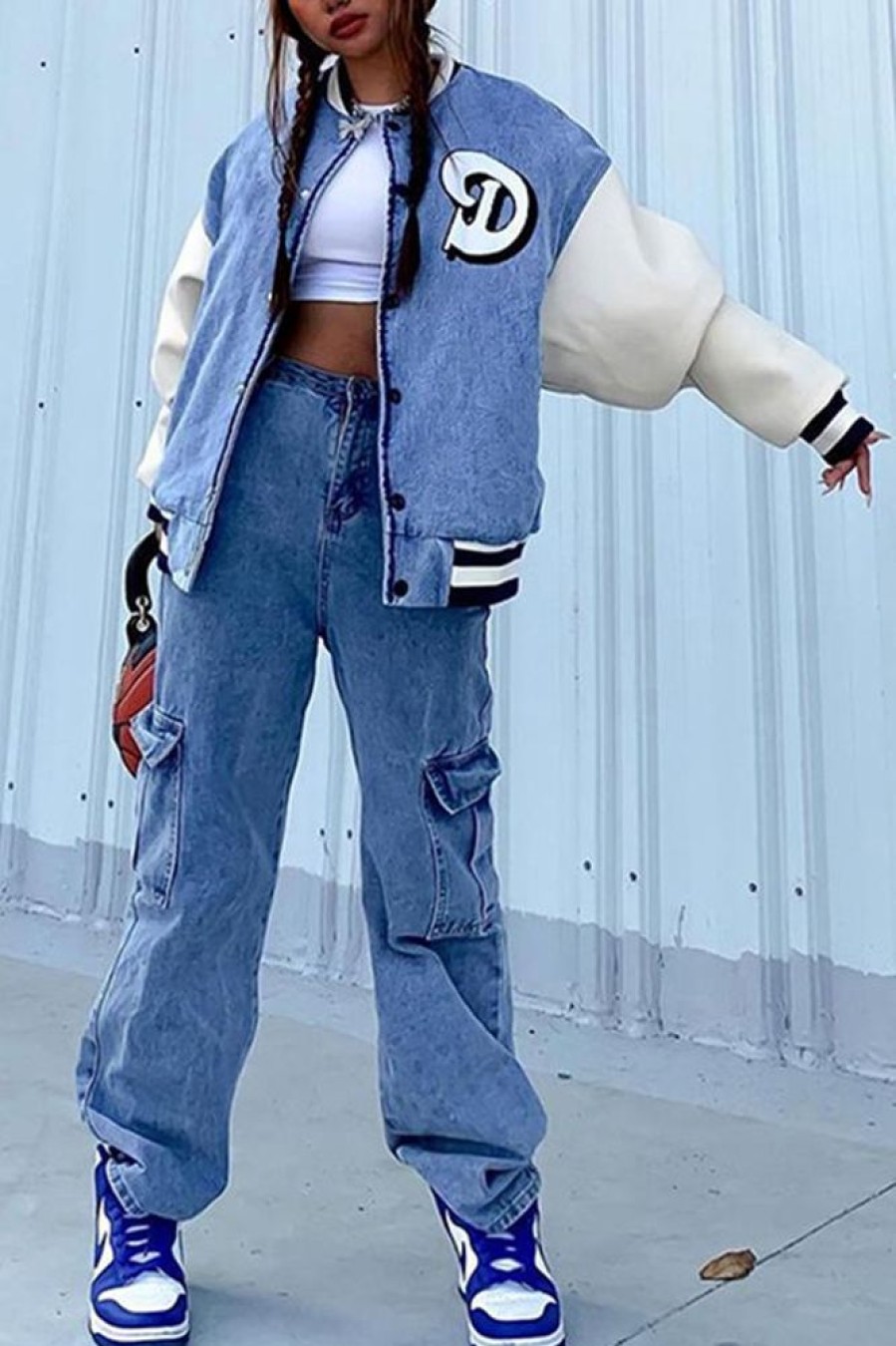 Tops & Outerwear female | Trendy Loose Stitching Sleeve Denim Baseball Jacket Blue