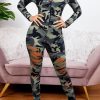 Jumpsuits & Rompers female | Ripped Zipper Camouflage Slim Fashion Jumpsuit Army Green