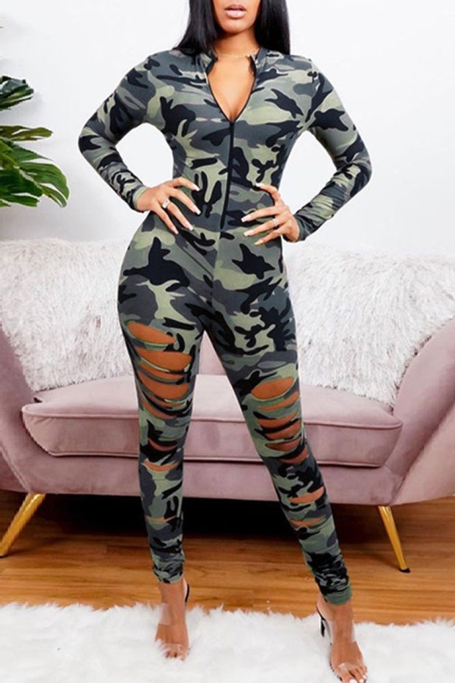 Jumpsuits & Rompers female | Ripped Zipper Camouflage Slim Fashion Jumpsuit Army Green