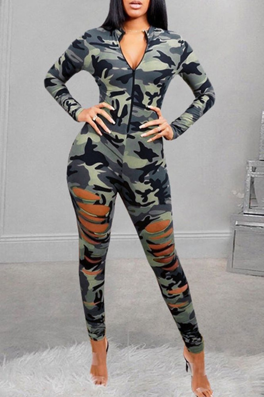 Jumpsuits & Rompers female | Ripped Zipper Camouflage Slim Fashion Jumpsuit Army Green