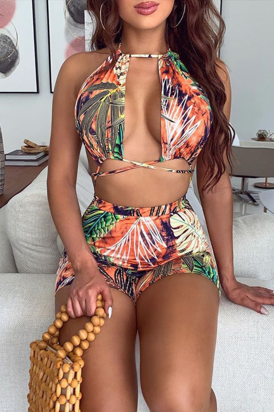 Swimwear female | Palm Leaf Printed Cross-Tie High Waist Bikini Swimsuit