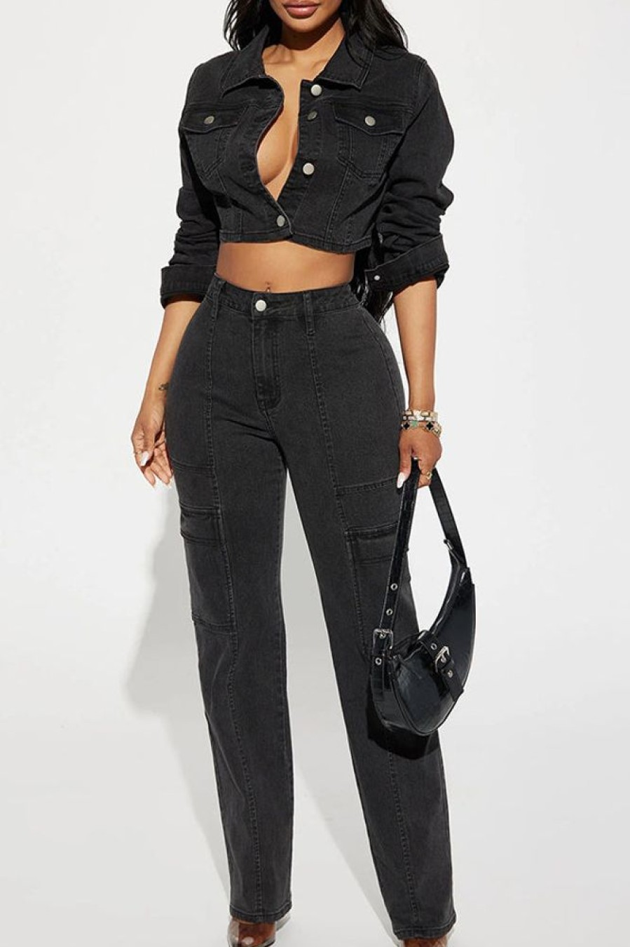 2-Pieces female | Trendy Stretch Casual Denim Suit Black