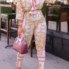 2-Pieces female | Luxe Print Deep V Neck Long Sleeve Top & Pants Set Pink