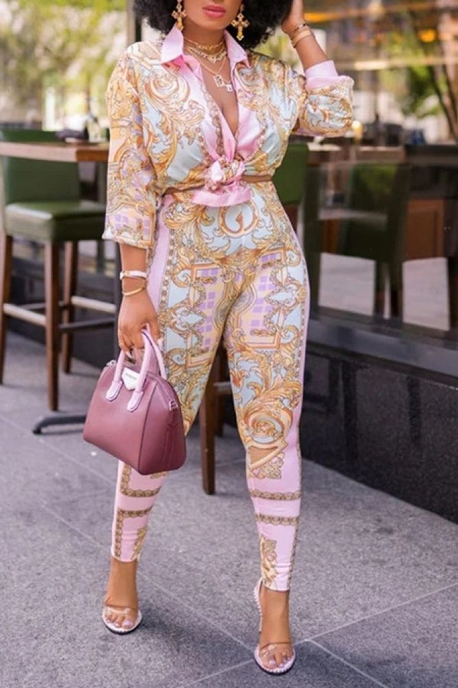 2-Pieces female | Luxe Print Deep V Neck Long Sleeve Top & Pants Set Pink