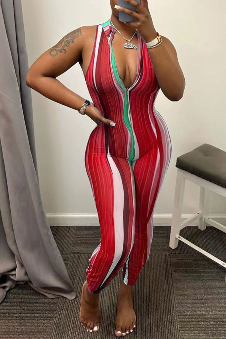 Jumpsuits & Rompers female | Zip Collar Sleeveless Striped Fitted Jumpsuit