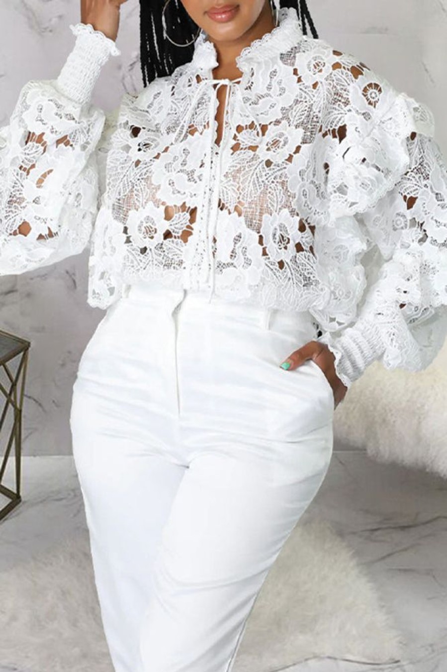 Tops & Outerwear female | Fashion Hollow Lace Tie Cardigan Lantern Sleeve Jacket White