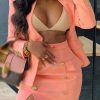 2-Pieces female | Fashion Solid Color Long Sleeve Slim Blazer Slit Double Breasted Skirt Suits Pink