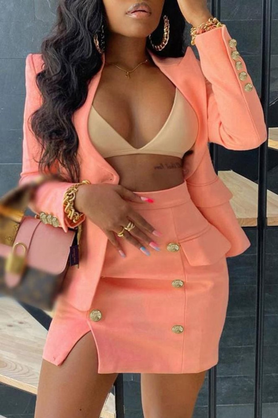 2-Pieces female | Fashion Solid Color Long Sleeve Slim Blazer Slit Double Breasted Skirt Suits Pink