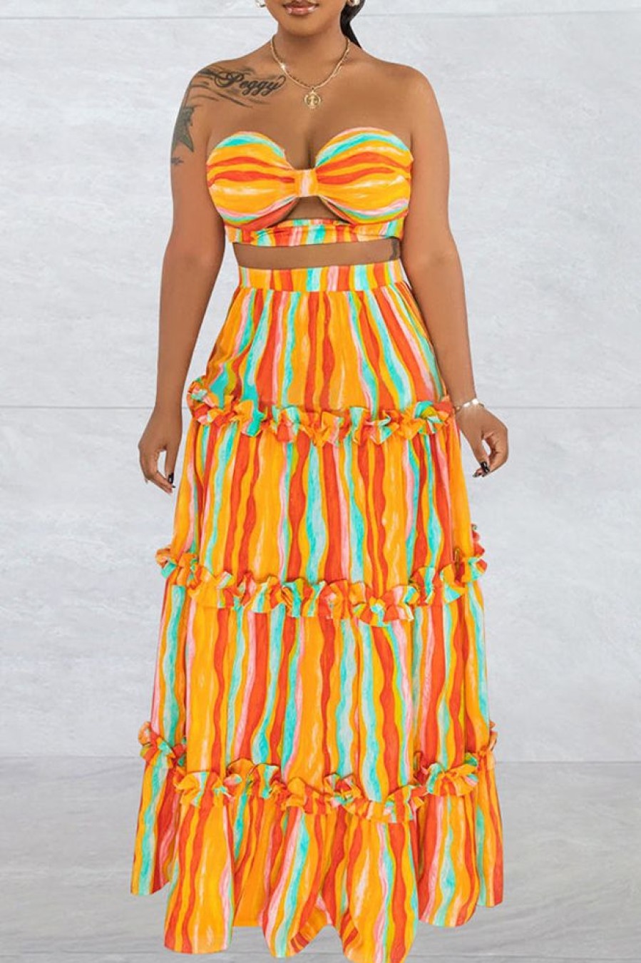 2-Pieces female | Casual Sleeveless Tube Top Striped Printed Long Dress Two-Piece Set