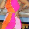 2-Pieces female | Chic Color Block Beading Vest Top & Slit Skirt Set Rose Red