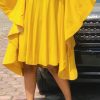 Dresses female | Bat Sleeve Ruffled Loose Solid Color Midi Dress Yellow