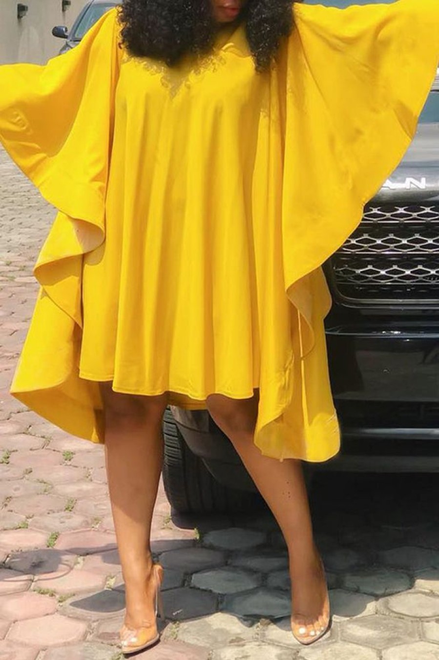 Dresses female | Bat Sleeve Ruffled Loose Solid Color Midi Dress Yellow