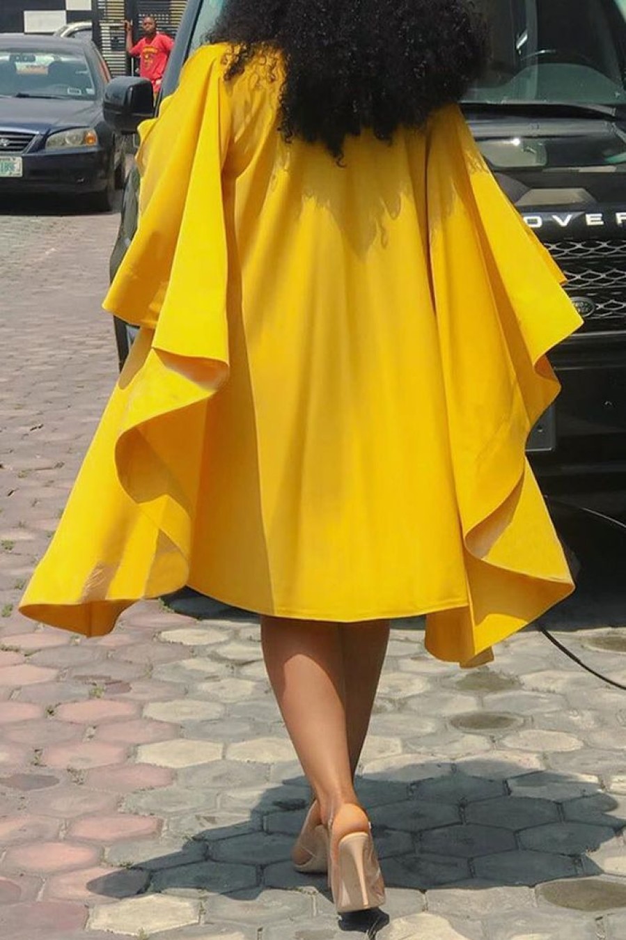 Dresses female | Bat Sleeve Ruffled Loose Solid Color Midi Dress Yellow