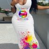 Dresses female | Rainbow Lips Inkjet Printing Casual Sleeveless Maxi Dress White