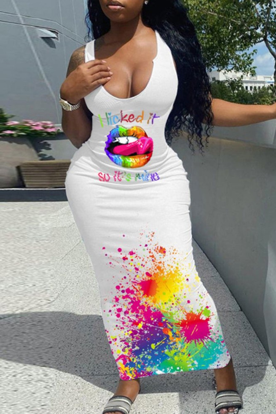 Dresses female | Rainbow Lips Inkjet Printing Casual Sleeveless Maxi Dress White