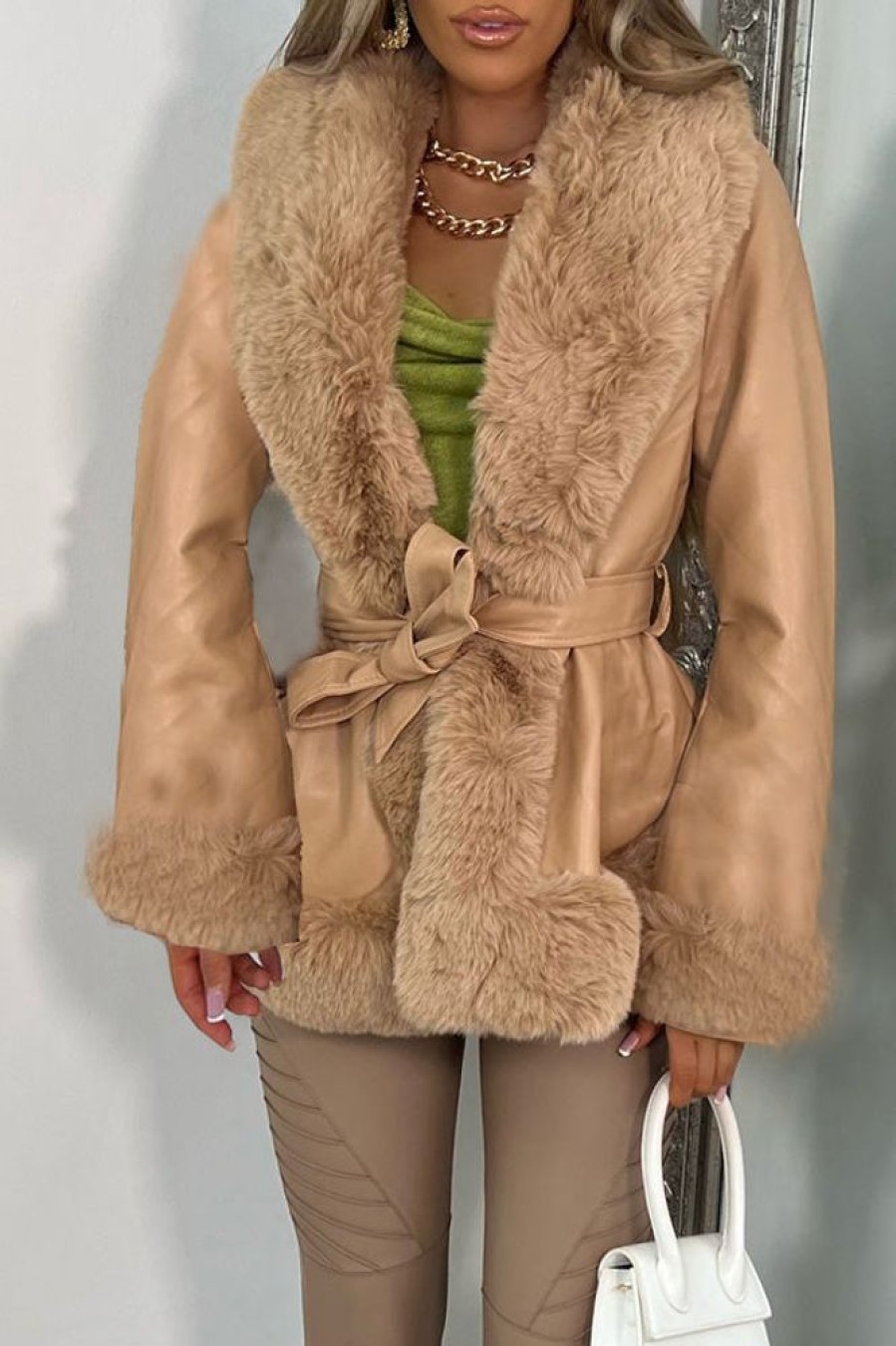 Tops & Outerwear female | Temperament Faux Leather Stitching Faux Fur Lapel Lace-Up Coat