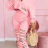 2-Pieces female | V-Neck Solid Color Ripped Sporty Pants Suit