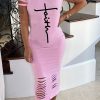 Dresses female | Cross Faith Print Stretch Fit Bandage Short Sleeve Dress