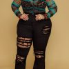 Bottoms female | Fashion Slim Fit Ripped Fringed Plus Size Flared Jeans Black